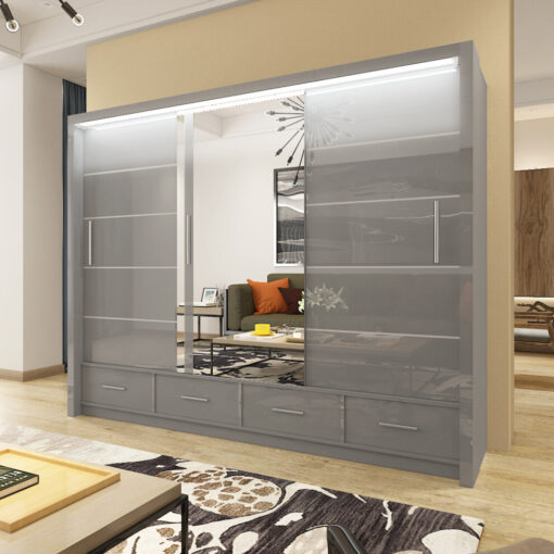 (257cm, Grey) High Gloss Sliding Mirror Door Sycylia Wardrobe