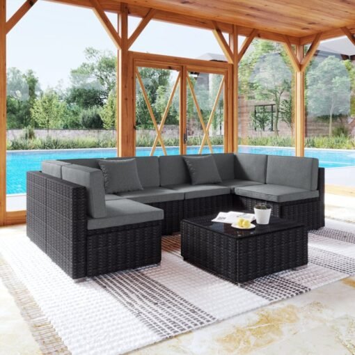 7 Piece Modular Rattan Sofa Garden Lounge Set , Black