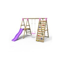 (Amber, Pink) Rebo Wooden Swing Set with Deck and Slide plus Up and Over Climbing Wall