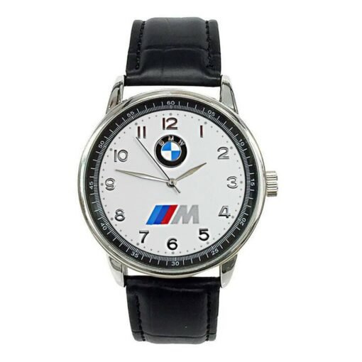 BMW Mens Stainless Steel WHITE Dial Black Leather Strap Sport CAR Watch