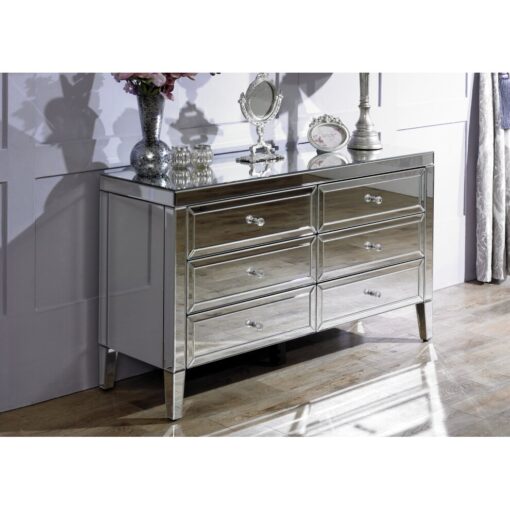 Birlea Valencia Mirrored Glass 6 Drawer Wide Chest with Mock Crystal Handles