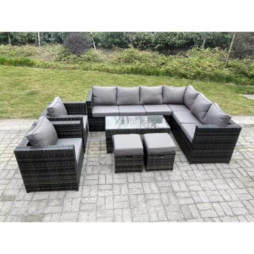 Fimous 10 Seater Rattan Corner Sofa Lounge Sofa Set With Rectangular Coffee Table 2 Stool Dark Grey Mixed Right Hand