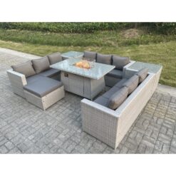 Fimous U Shape Lounge Sofa Dining Set With Gas Fire pit Burner Table Footstool