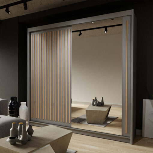 (Grey , 203cm) Modern Royal Sliding Mirror Door Wardrobe