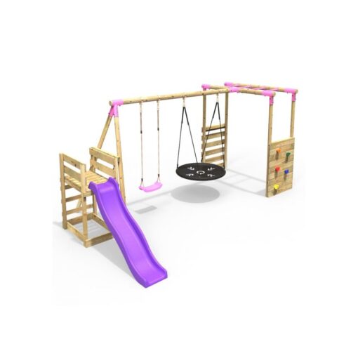 (Monkey Bars plus Deck & 6ft Slide - Meteortie, Pink) Rebo Wooden Children's Swing Set with Monkey Bars plus Deck & 6ft Slide