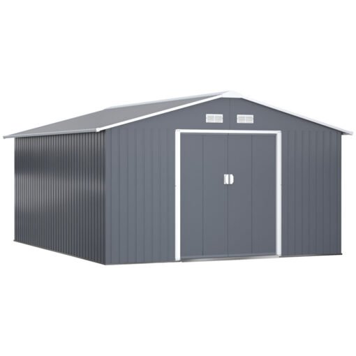 Outsunny 13 X 11ft Outdoor Garden Storage Shed w/2 Doors Galvanised Metal Grey