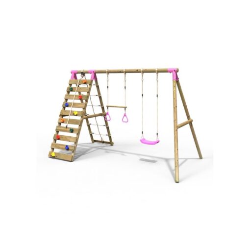 (Savannah, Pink) Rebo Wooden Swing Set with Up and Over Climbing Wall