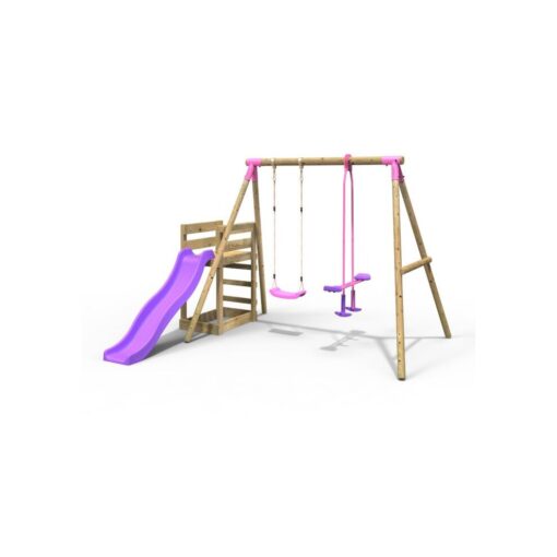 (Star, Pink) Rebo Wooden Swing Set plus Deck & Slide