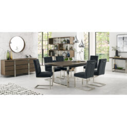 Tivoli Dark & Black Oak 6-10 Extension Table With 6 Upholstered Chairs In Gunmetal Velvet Fabric