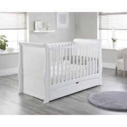 (White) Baby Snooze Sleigh cot bed converts to toddler bed