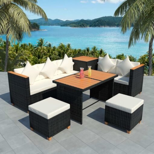 vidaXL Outdoor Dining Set 22 Piece Poly Rattan WPC Top Black Garden Furniture