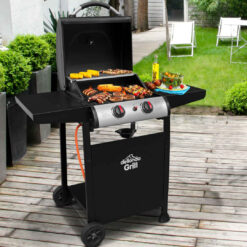 2 Burner Gas BBQ Grill With Piezo Ignition, Built-In Thermometer & Cover, Black/Stainless Steel