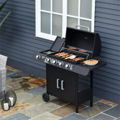 4+1 Deluxe Gas BBQ Grill With Wheels, Steel-Black