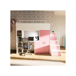 (Pink) Easy Jessie 4S Cabin Bed High Sleeper with Stairs Wardrobe Desk Matt