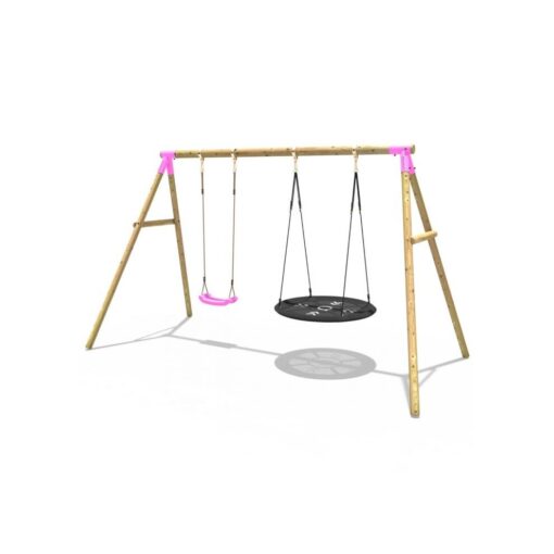 (Pink) Rebo Wooden Garden Swing Set with Standard and Large Nest Swings - Meteorite Pink