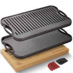 Pre-Seasoned Cast Iron Reversible Griddle Grill Pan With Handles For Gas Stovetop Open Fire Oven, 43.18*24.89CM (17X9.8") - One Tray, Scrapers Include