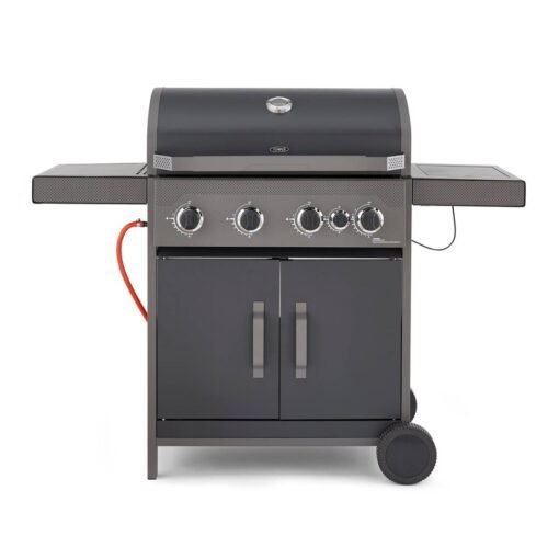 Tower T978502 Stealth 4000 Four Burner Porcelain Enamel Gas BBQ with additional side burner, Precision Thermometer, Cabinets and Rust Proof Design, Bl