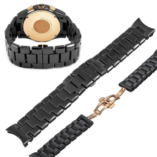 22mm Black + Rose Gold Ceramic Strap Watch Band Replacement for ARMANI AR1400 AR1410 AR1413 AR1414 Bracelet Watch