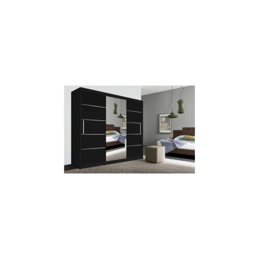 (250cm, Black) LYON Double Sliding Mirrored Wardrobe Cabinet with LED Light