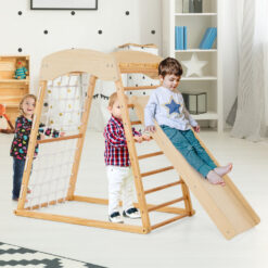 6 in 1 Wooden Climber Playset Double-sided Ramp Monkey Bars Climbing Net Ladder