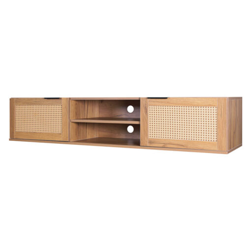 Addam - Wood And Rattan Floating TV Cabinet, Wall Mounted TV Cabinet With 2 Doors And 2 Open Shelves