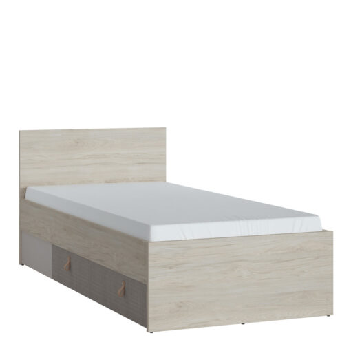 Aidalynn 120Cm Bed With 1 Drawer In Light Walnut, Grey Fabric Effect And Cashmere