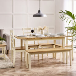 Alissah Solid Wood Farmhouse Extendable Dining Table Set with x4 Dining Chairs & x1 Dining Bench