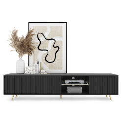 Alvise TV Cabinet Bello 175 Cm With Black Lamells And Golden Legs