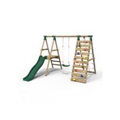 (Amber, Green) Rebo Wooden Swing Set with Deck and Slide plus Up and Over Climbing Wall