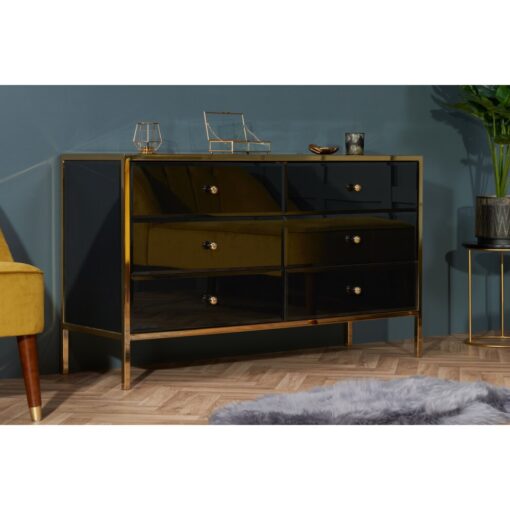 Birlea Fenwick Luxury Black Glass and Gold Framed 6 Drawer Chest