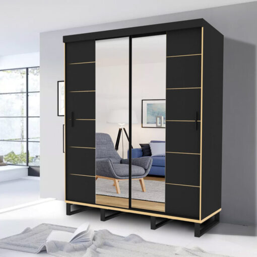 (Black with Golden Strip, 200cm) Greece Sliding Door Stand Wardrobe