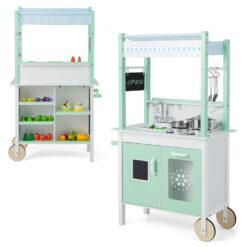 Double-sided Pretend Play Kitchen Grocery Store Playset w/ LED Light Bars 2-In-1