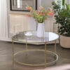 Gold Glass Round Coffee Table Modern Living Room Home Furniture Metal Frame