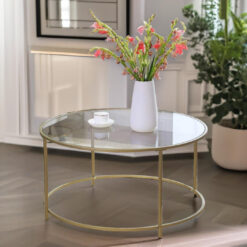 Gold Glass Round Coffee Table Modern Living Room Home Furniture Metal Frame