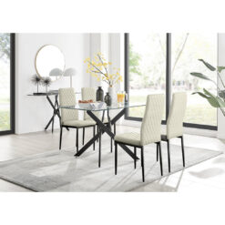 Lenworth Luxury Chrome and Glass Rectangular Dining Table and Chairs - x4 Velvet Chairs Metal Leg