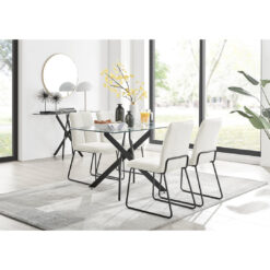 Lenworth Modern Glass & Chrome Metal Dining Table Set & 4 Luxury Fabric Dining Chairs