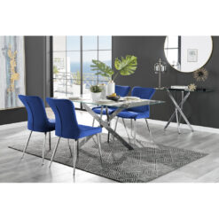 Leonardo Glass And Chrome Dining Table & 4 Blue Nora Silver Leg Chairs