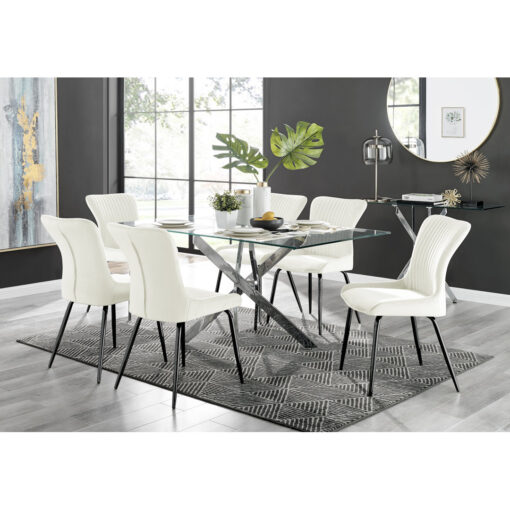 Leonardo Glass And Chrome Dining Table & 6 Cream Nora Black Leg Chairs