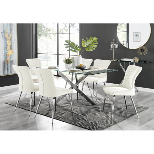 Leonardo Glass And Chrome Dining Table & 6 Cream Nora Silver Leg Chairs