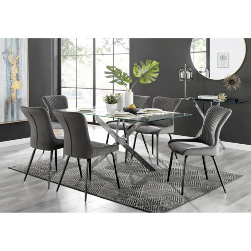 Leonardo Glass And Chrome Dining Table & 6 Dark Grey Nora Black Leg Chairs