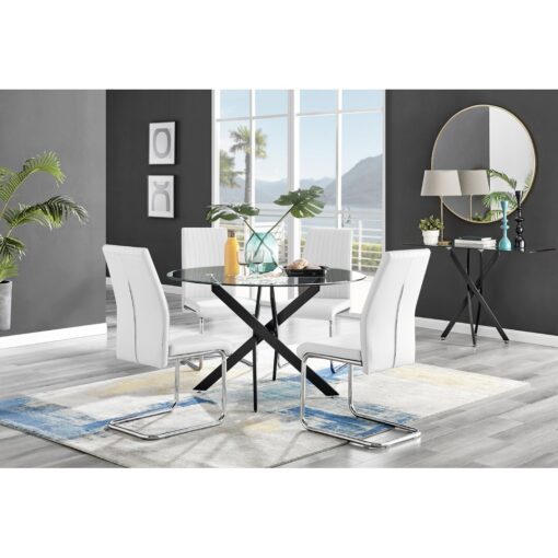 Modern Design Metal Round Glass Contemporary Dining Table & 4 Luxury Faux Leather Dining Chairs