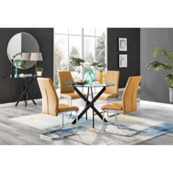 Novara Black Leg Round Glass Dining Table & 4 Mustard Lorenzo Chairs