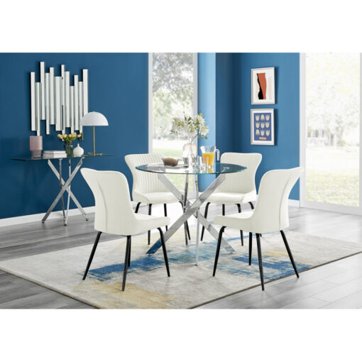 Novara Round Glass Dining Table & 4 Cream Nora Black Leg Chairs