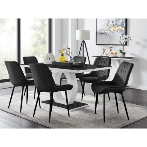 Scottsmoor High Gloss Halo Dining Table Set & 6 Luxury Velvet Dining Chairs - Modern Design