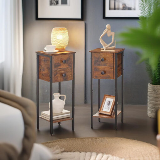 Wooden Bedside Tall Table Set with Drawers Side End Tables Bedroom Living Room Furniture