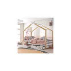 Wooden House Bed with Two Storage Drawers for Kids, Solid Pine Wood, 3 FT Single Tree House,190*90 cm (Natural)