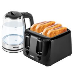Geepas 4 Slice Bread Toaster & 1.7L Illuminating Electric Glass Kettle Set - Black