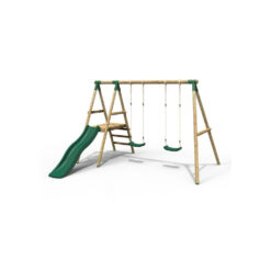 Rebo Gemini Wooden Garden Swing Set with 2 Swings, Platform and Slide - Green