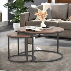 2Pc. Rustic Wooden Nest of Round Tables Metal Frame Coffee Side Tables Living Room Furniture