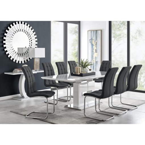 Alezzo Modern High Gloss Extendable Dining Table Set with 8 Modern FauxLeather Dining Chairs